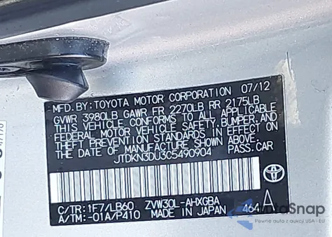 2012 Toyota Prius Four z USA, uszkodzony, nr VIN JTDKN3DU3C5490904